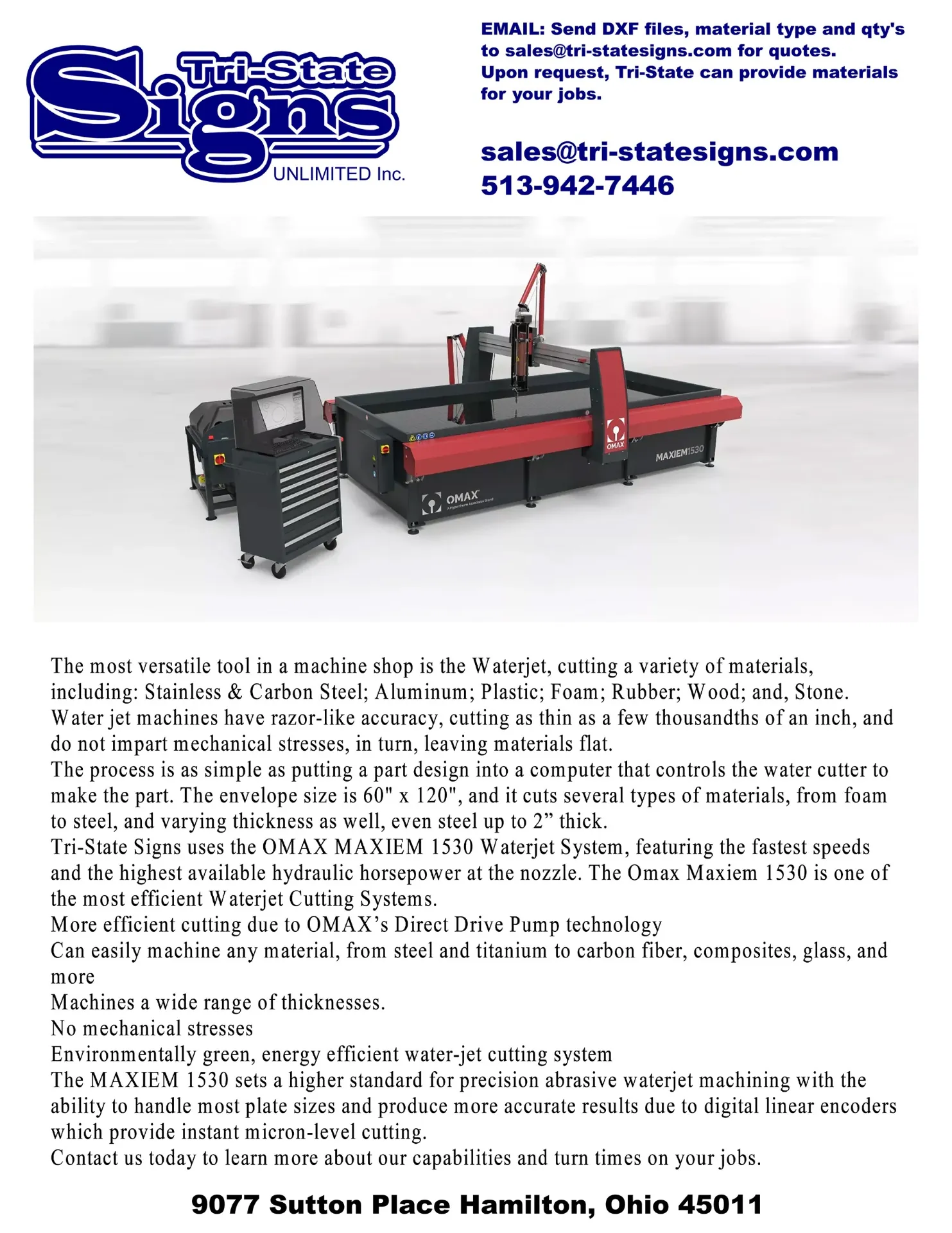 OMAX MAXIEM 1530 waterjet cutting at Tri-State Signs 1